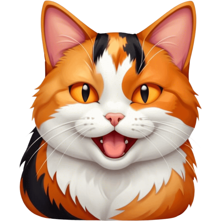 Cinematic Cute Yawning Calico Cat Portrait Emoji, Head tilted mid-yawn with a charming, relaxed expression, showcasing a soft patchwork fur of vibrant orange, black, and white, simplified yet irresistibly adorable, highly detailed, glowing with a cozy, gentle radiance, high shine, exuding sleepy yet endearing charm, styled with a soft glowing outline, capturing the essence of a calico cat caught in a delightful yawn that seems ready to cuddle up for a nap! emoji