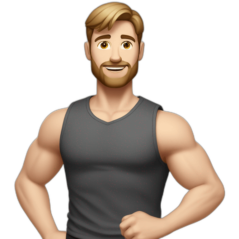 Full height realistic Actively gesturing with hands Pale skinned Fit Man With the biceps and brown hair in dark gray Sleeveless Mike, black oversize sports shorts, watch and white Sneakers emoji