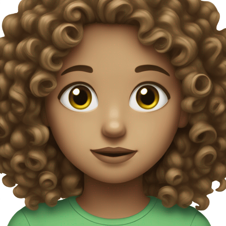 a brown curly haired girl with green eyes, white skin and pretty mims emoji