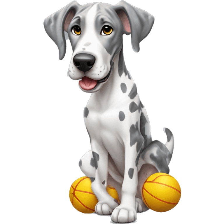 Gray and white harlequin Great Dane playing with toy emoji