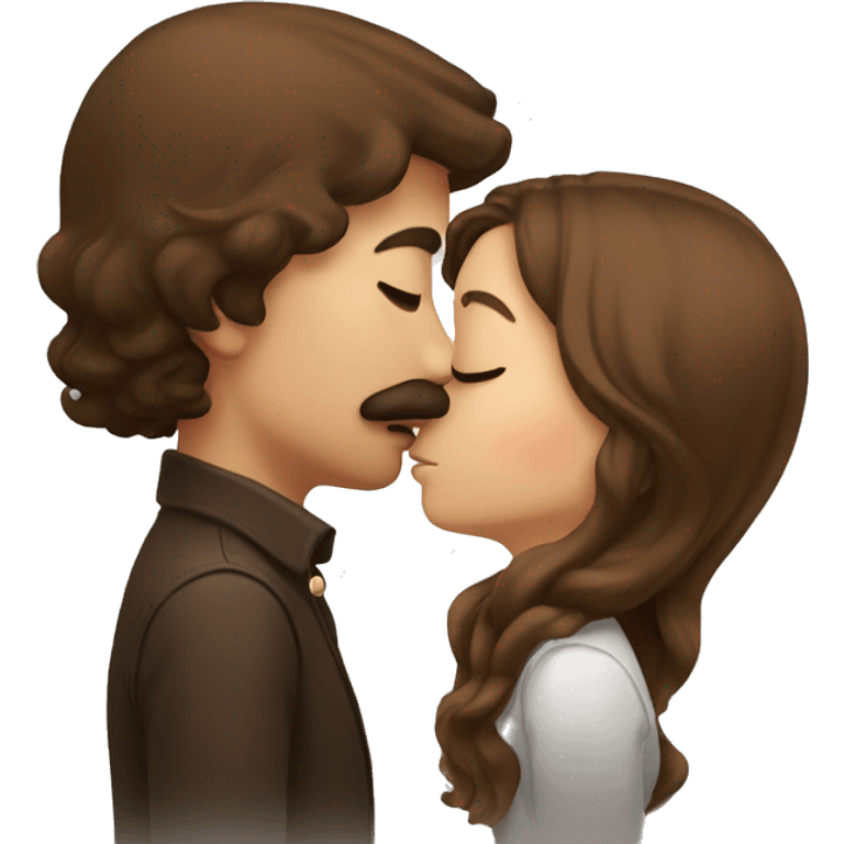 Brown haired girl and brown moustache guy kissing emoji