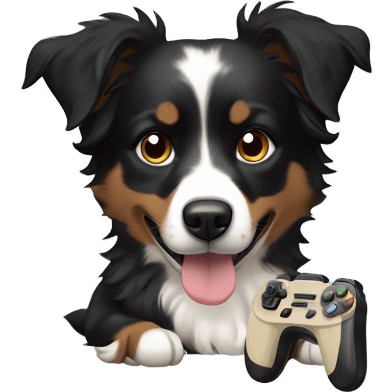 Small black australian shepherd dog with beige video game controller  emoji