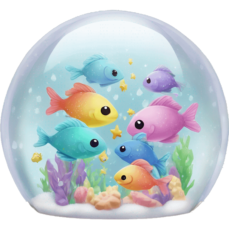 Kawaii rainbow pastel bedazzled fishes in an under the sea snow globe  emoji