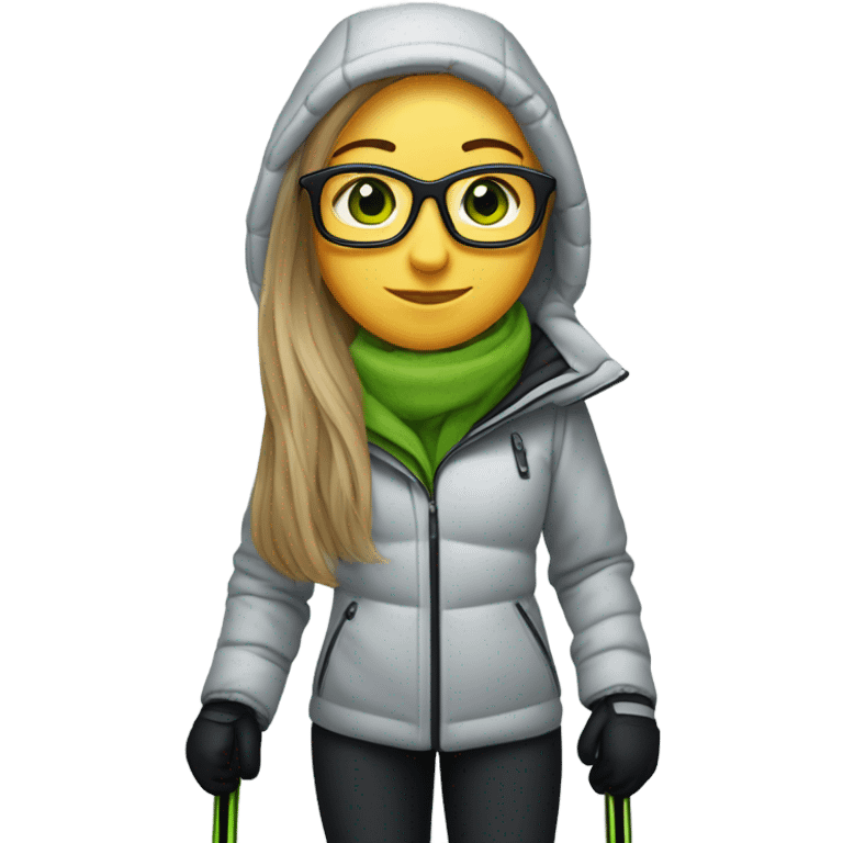 Green-eyed, slightly overweight female skier with long straight hair, glasses, light grey snow jacket, long black pants, black only snow boots, wearing black skis standing tall. emoji