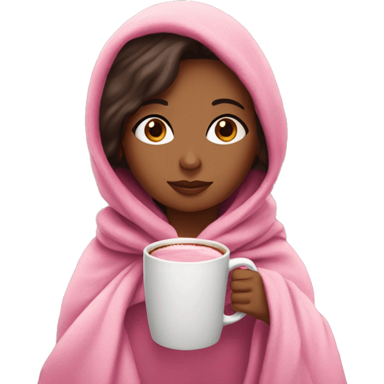 Brown girl in pink blanket drinking hot coco in a pink mug  emoji