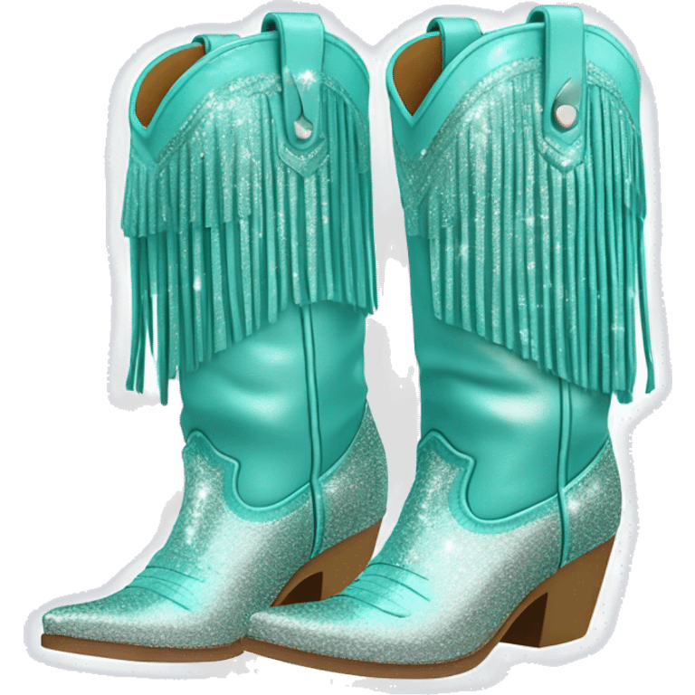 Realistic pastel teal fashion cowgirl boots with sparkly shiny glitter fringe on them. emoji