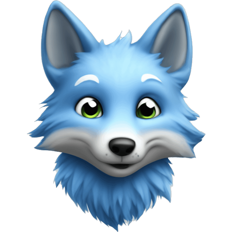 Herning Blue Fox Mascot called Victor, who is a Blue Fox with some fluffy hair and big eye emoji