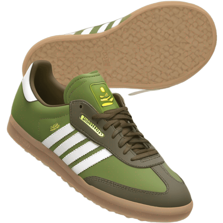 two khaki green adidas samba with a brown flat sole emoji