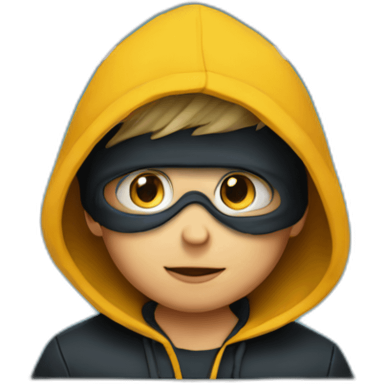 Young boy with a hood behind his computer and focus on his code  emoji