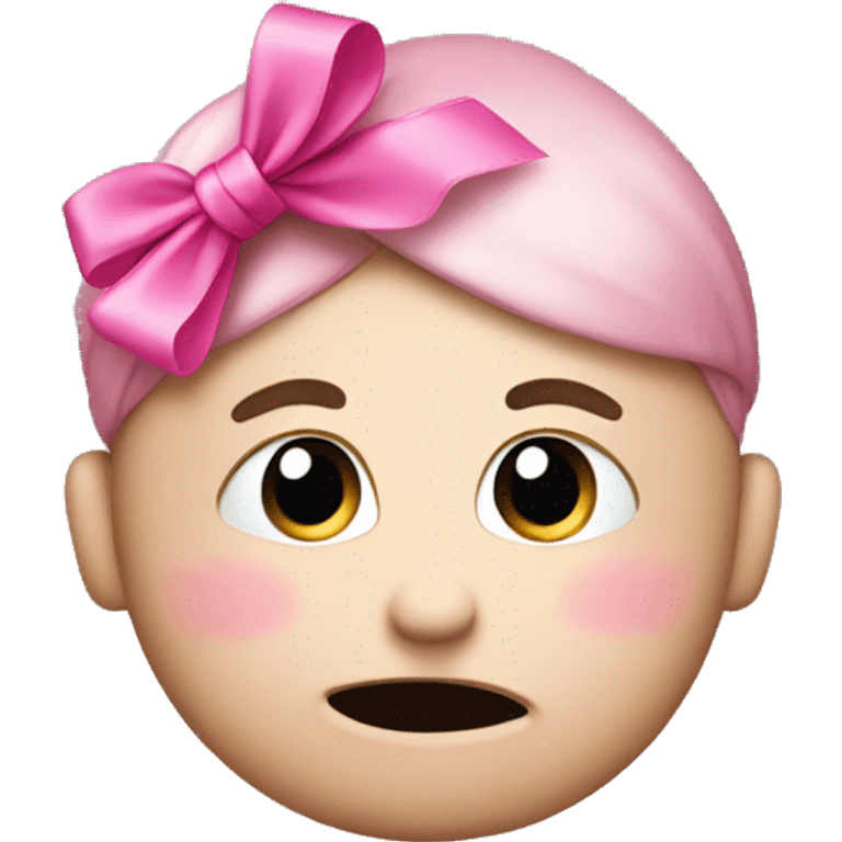 Shy emoji w/ hand above mouth with a pink ribbon on the side of his head  emoji