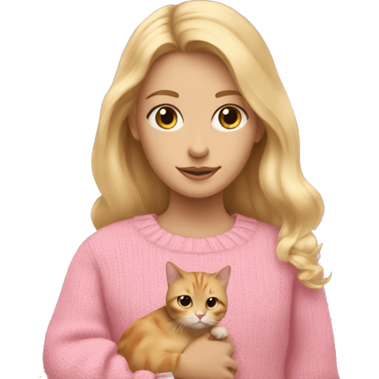 A girl with blonde hair holding a cat with a pink sweater emoji