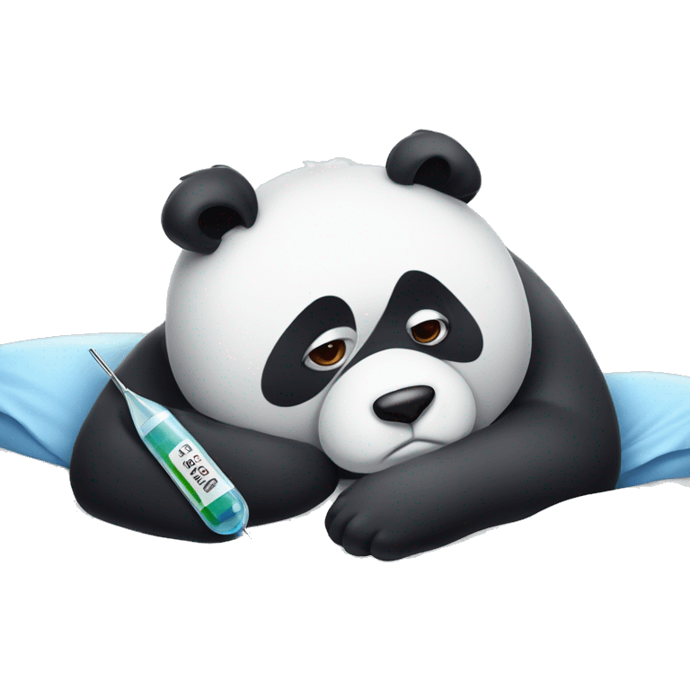 Sad Panda with fever Thermometer in mouth laying in bed emoji