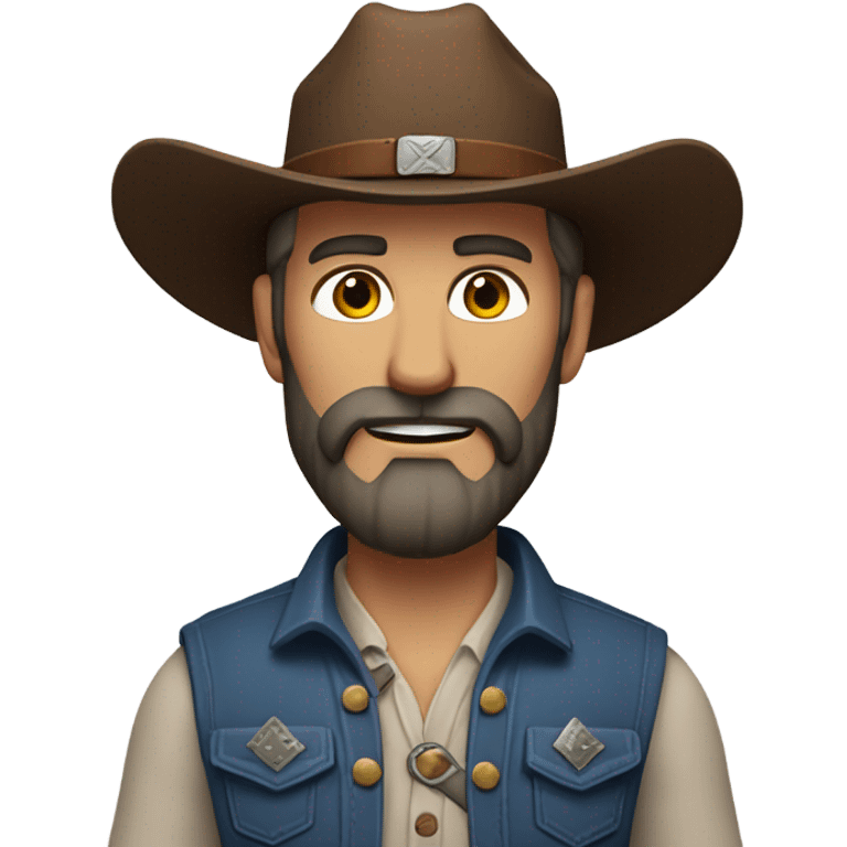 a rugged cowboy with a thick beard, wearing a blue vest over a classic western shirt and a brown belt with a silver buckle. He should have a confident stance, exuding a strong and adventurous frontier spirit. emoji