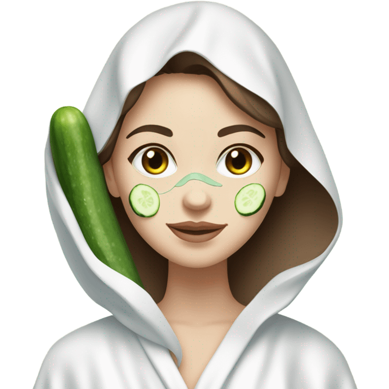 White girl with Brown hair and blue eyes wears a Green colored skincare clay textured mask and puts on cucumbers around her eyes while She relaxes in her white Robe emoji