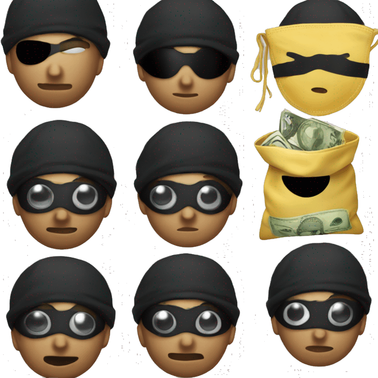 Robber Emoji with a black beanie, black eye mask with holes for his eyes, and a money bag emoji over his shoulder emoji