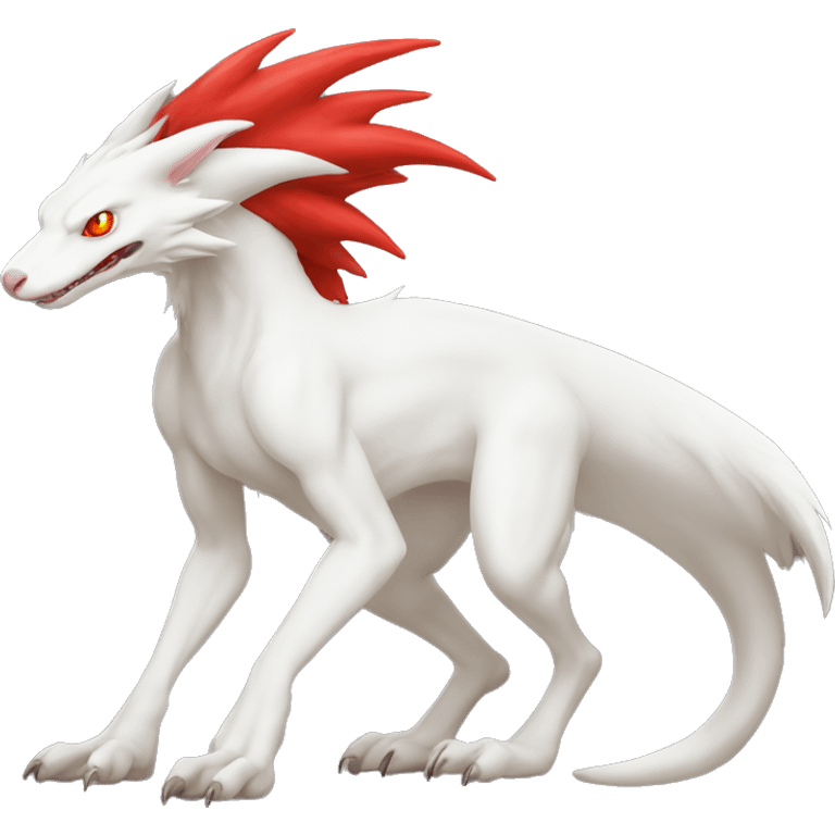 White albino sergal-vernid with red mane and red eyes, full body emoji