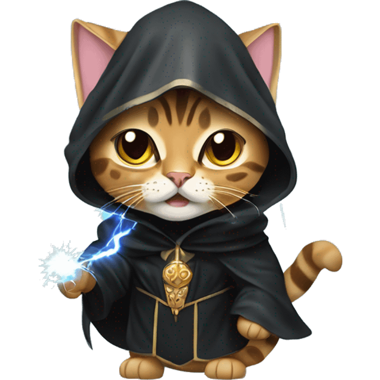 Bengal cat dressed as emperor palpatine unlimited power scene with lightning bolts coming out of its paws emoji