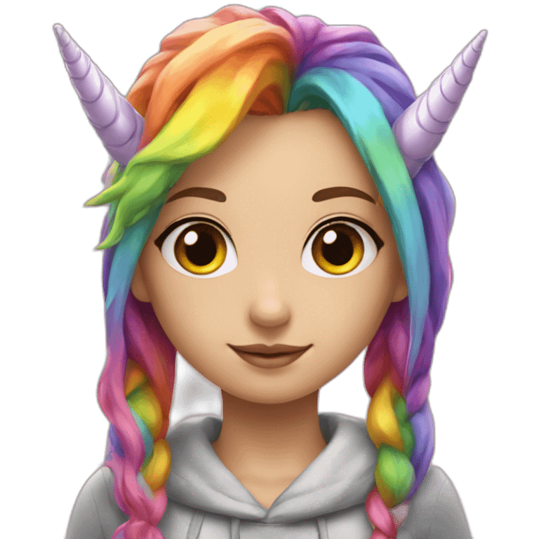 Girl with unicorn horn, and rainbow gair emoji