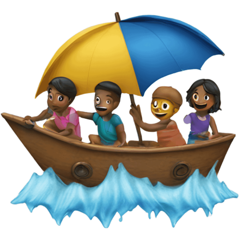 3 kids playing with a ship in the rain emoji