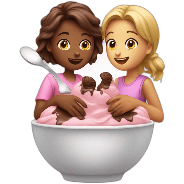 two girls eating chocolate icecream from one cup or bowl with a spoon emoji