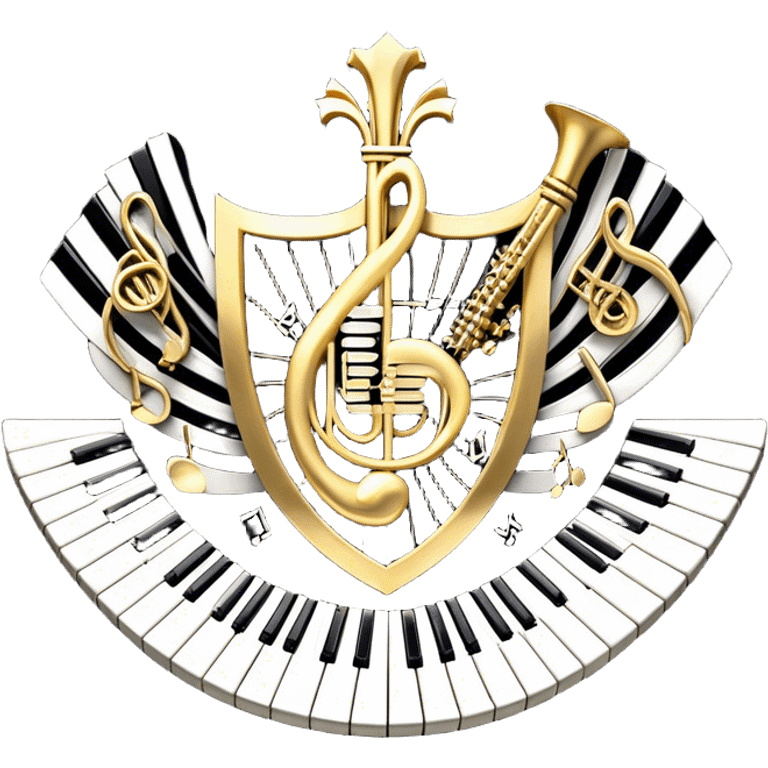 Create an elegant and festive emoji collage representing keyboard instruments, styled like a heraldic emblem. The design should feature a central focal point of black and white piano keys, arranged in a semi-circular or shield-like shape. Around the piano keys, add intertwining musical notes that form flowing ribbons, creating a dynamic and celebratory atmosphere. The design should be professional, with polished silver and gold accents on the keys and notes, highlighting the luxury and sophistication of the instruments. Add subtle shading and lighting effects to give the design a refined, 3D appearance. The background should remain transparent, and the overall feel should evoke grandeur, artistry, and a sense of celebration. emoji