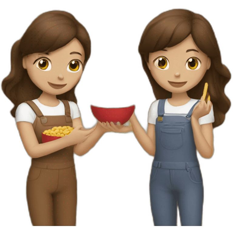 Two brunette girls holding peanuts emoji