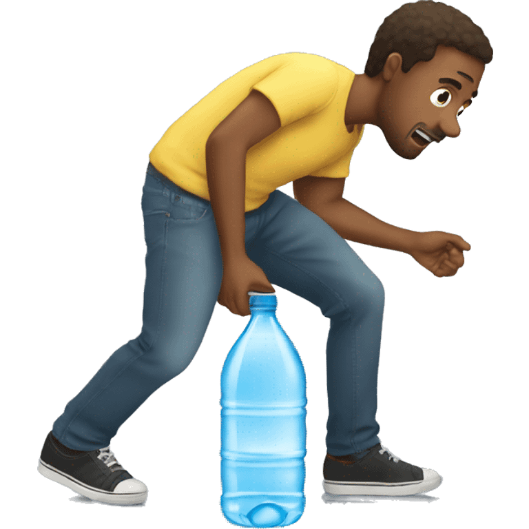 man grabbing a bottle of water from the floor emoji