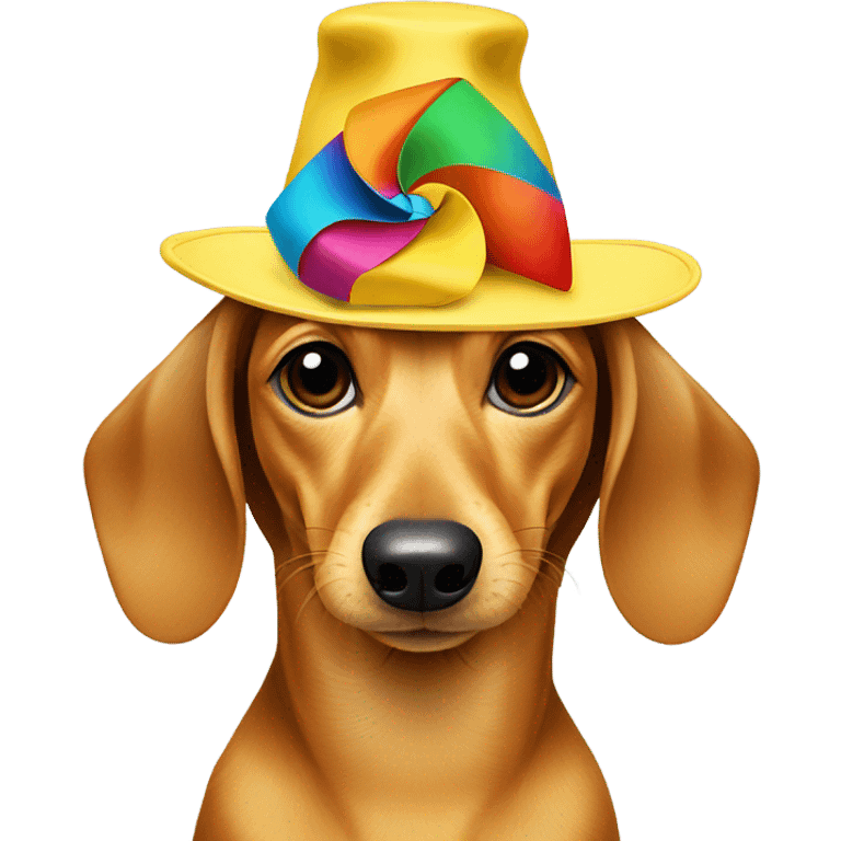 Yellow dachshund in multi color hat with pinwheel emoji