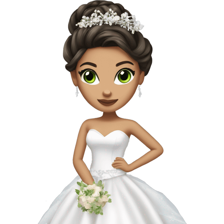 Bratz, bride, brunette updo hair, olive skin, green eyes emoji