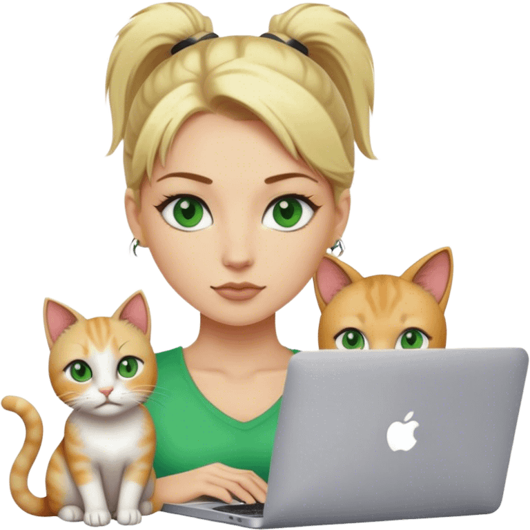 Blonde woman ponytail green eyes with cat and MacBook emoji