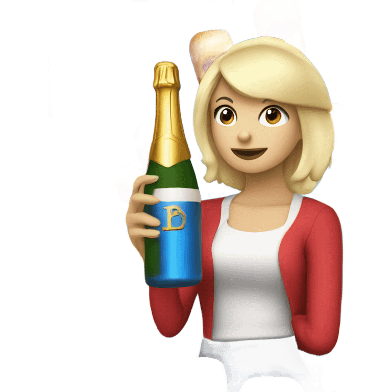 Blonde girl with red shirt and blue beret drinking champagne holding a baguette emoji