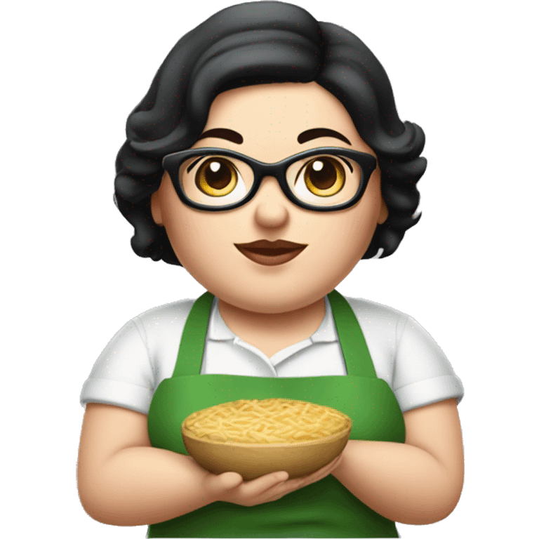 chubby lady with black hair green apron  with glasses cooking  emoji