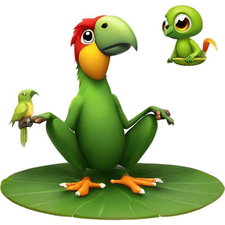 Kung fu parrot sitting on a lily pad with num chucks next to it  emoji