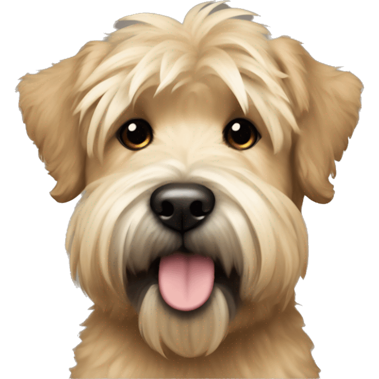 Wheaten terrier with a fluffy puppy haircut and black ears and chin emoji