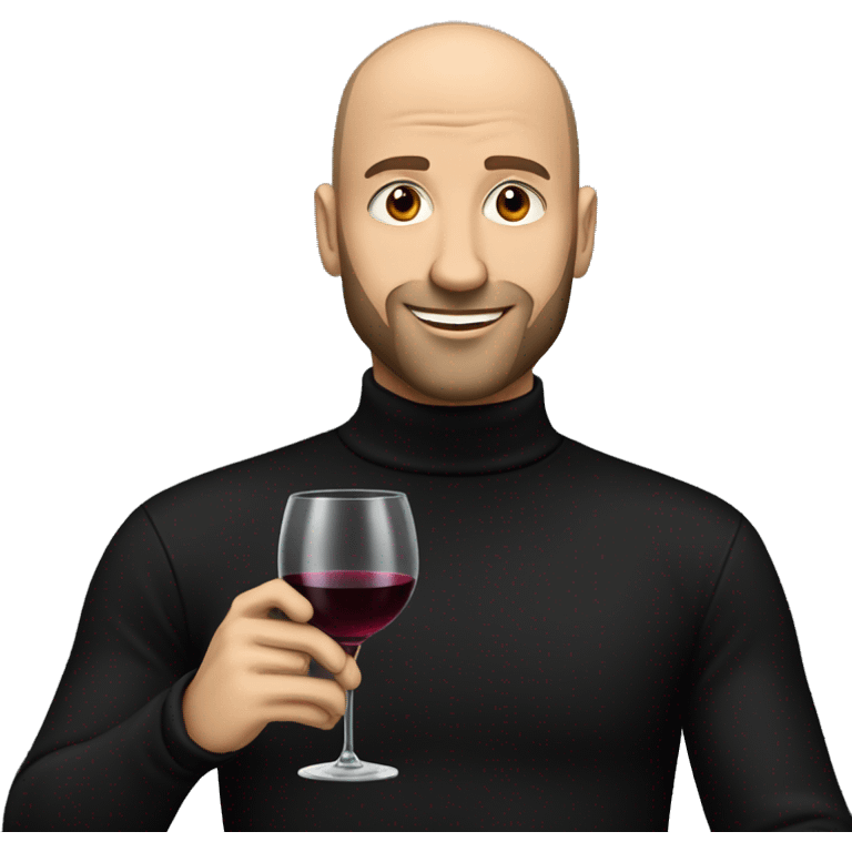 A handsome bald man with a short beard in a black turtleneck with a glass of wine emoji