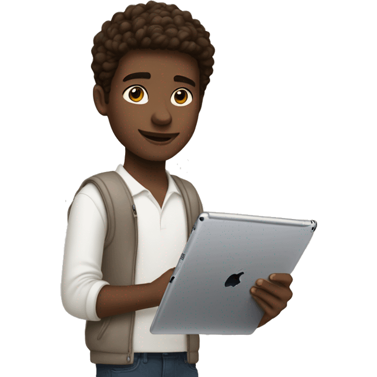 white boy brown eyes brown hair working on ipad with magic keyboard folio and apple pencil emoji