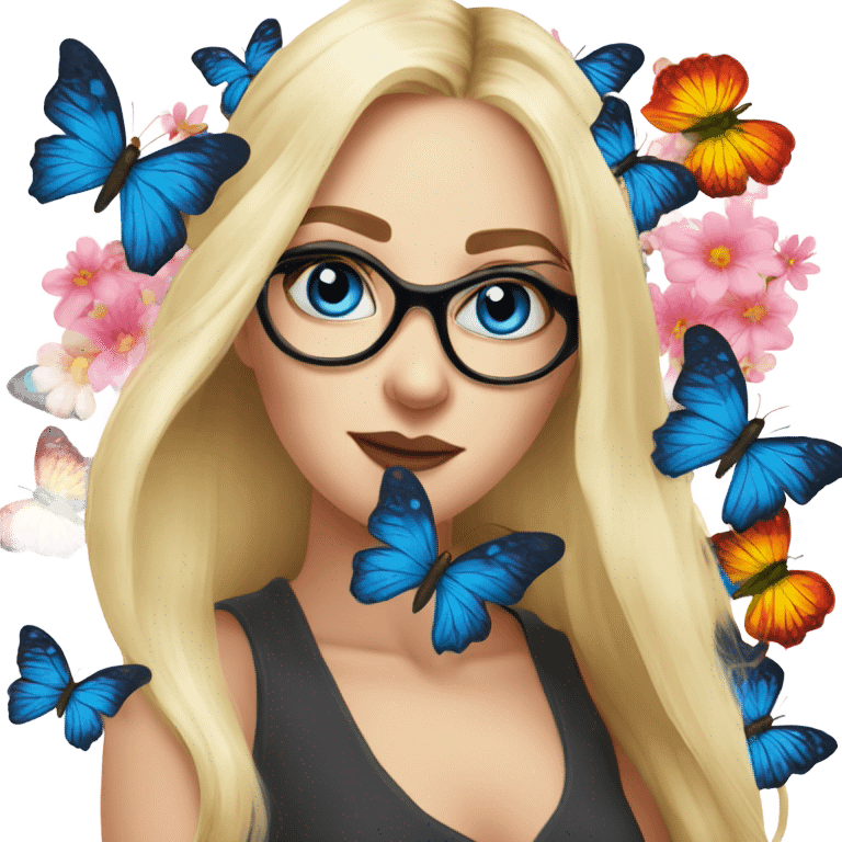 Gorgeous flowing blonde lady blue eyes with flowers and butterflies wearing glasses  emoji