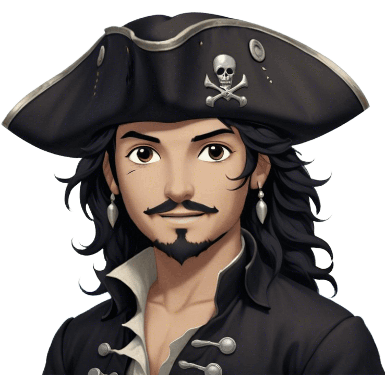 A charismatic pirate with wavy black hair that falls just past his shoulders, tousled slightly by the sea breeze. He wears a black tricorn hat with subtle silver embroidery along the edges, casting a shadow over his sharp, confident features. His piercing dark eyes glint with mischief as he gazes to the side, a knowing smile playing at his lips. His well-fitted black coat, adorned with polished silver buttons and intricate stitching, moves slightly with the wind, revealing glimpses of a deep-crimson waistcoat underneath. A silver chain dangles from his belt, catching the dim golden light of the setting sun. His posture is relaxed yet assured, exuding effortless charm as if he owns the sea itself. emoji