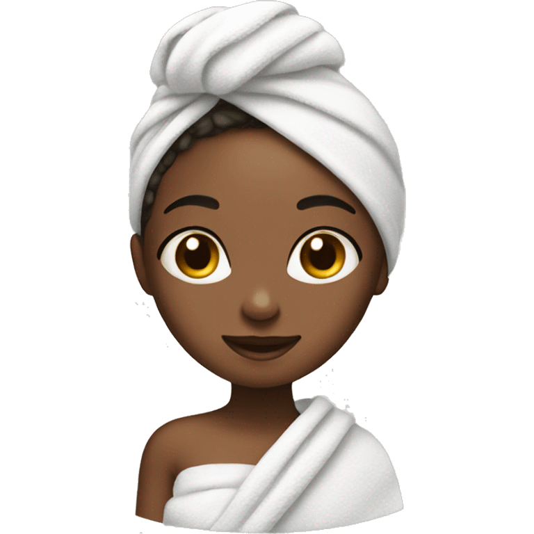 Girl with hair wrapped in towel doing skincare emoji