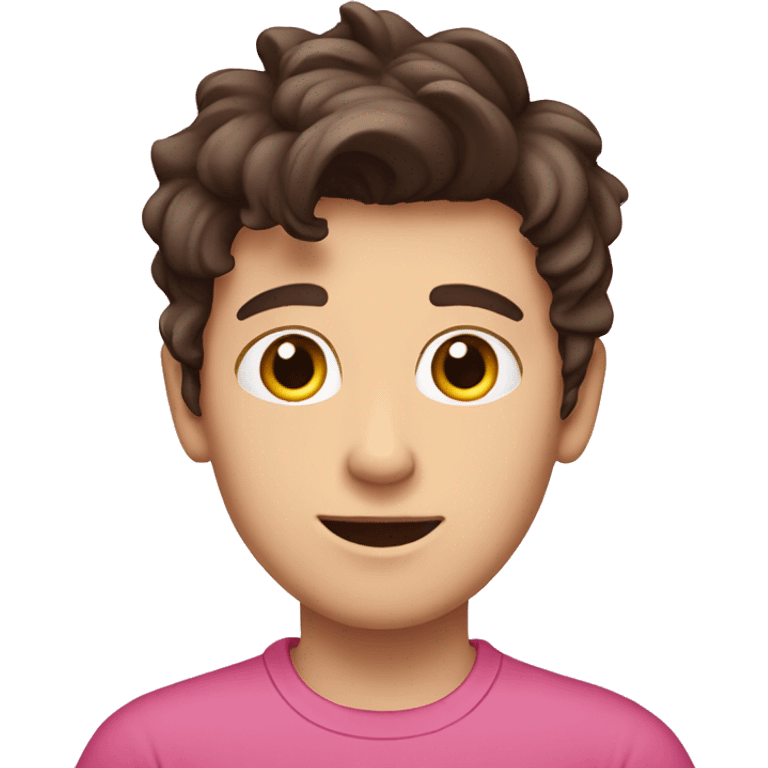 White boy with dark brown hair flipped to the side. Pink shirt.  emoji