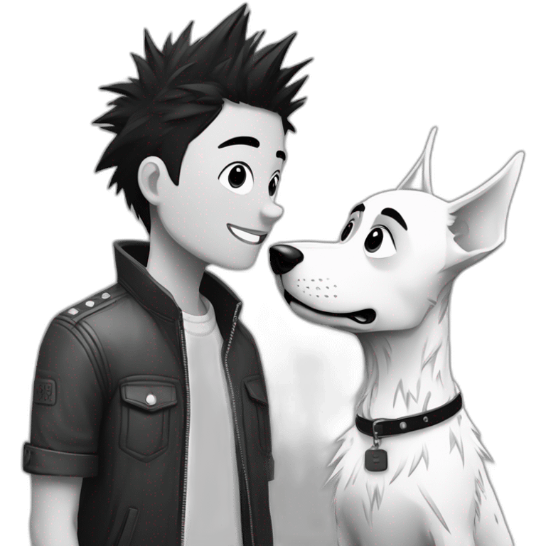 dog and a dark-haired girl with spiky hair looking at each other in style of ((sarah andersen)), black and white emoji