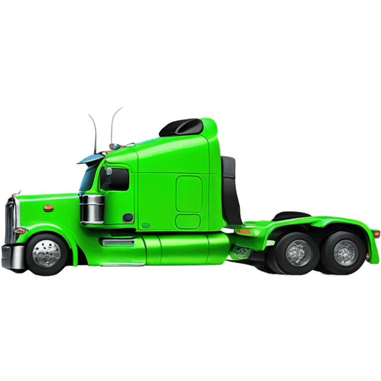 neon green peterbilt semi truck lowered on the ground with large chrome wheels and chrome smoke stacks profile view emoji