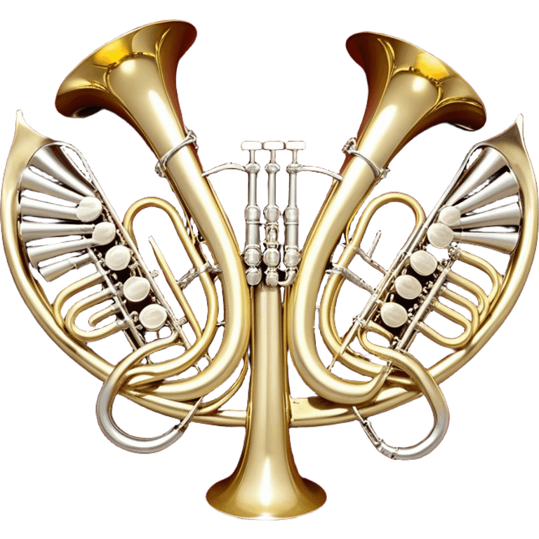 Create a festive and elegant emoji collage featuring a bouquet or fan of bells of wind instrument  (trumpets, saxophones, trombones, tubes, etc.) arranged in a radiant, symmetrical pattern. The instruments should have polished, golden and silver finishes, with their large, shiny bells forming a beautiful, fan-like display. Include a flowing ribbon of musical notes swirling through the center, conveying movement and melody. The background should feature a deep red velvet texture, adding a touch of luxury and sophistication. The overall composition should be balanced, with an elegant and regal feel, with a transparent background to keep focus on the instruments and musical elements. emoji