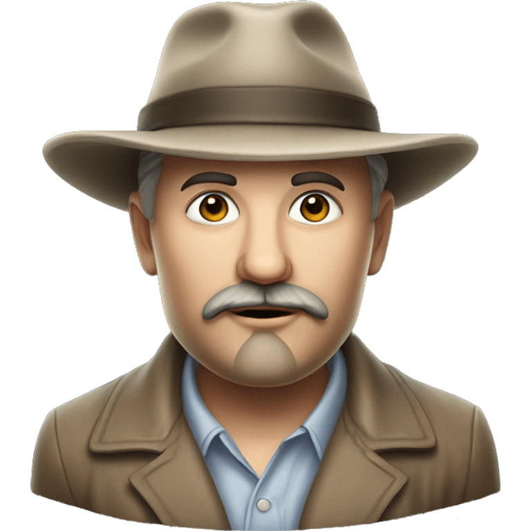 Photorealism A plump man of Slavic appearance with litle eyes with a goatee beard and mustache, wearing a fedora hat, big detailed face, wrinkled face emoji