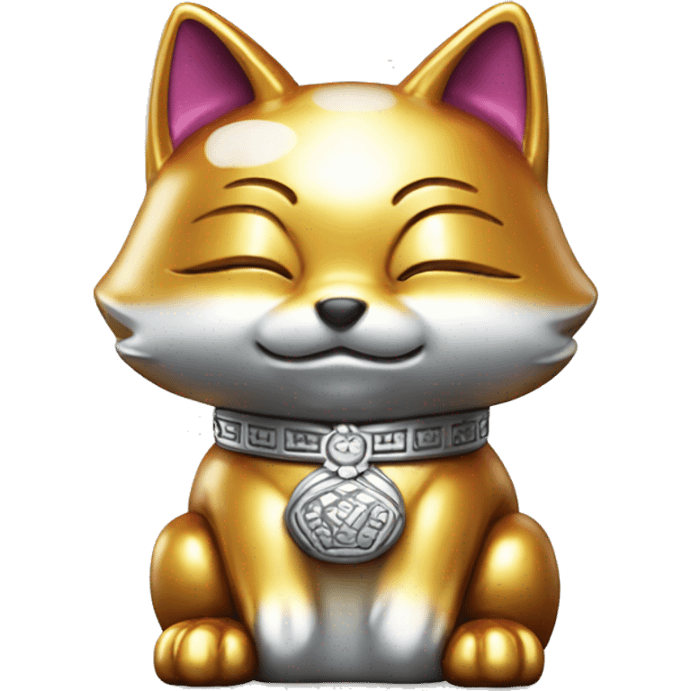 fully chrome fox statue in the form of maneki neko emoji