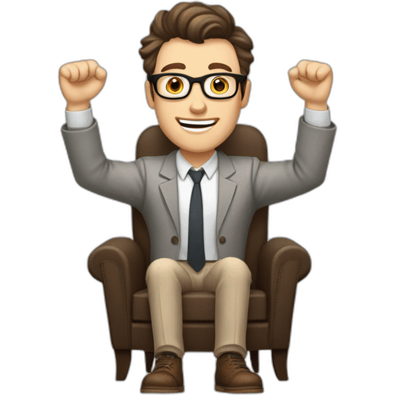 Joyful Celebrating victory Hands up Pale skinned Fit Man With dark brown hair in gray jacket, beige office shirt, Brown pants and vintage glasses sitting In a soft chair emoji