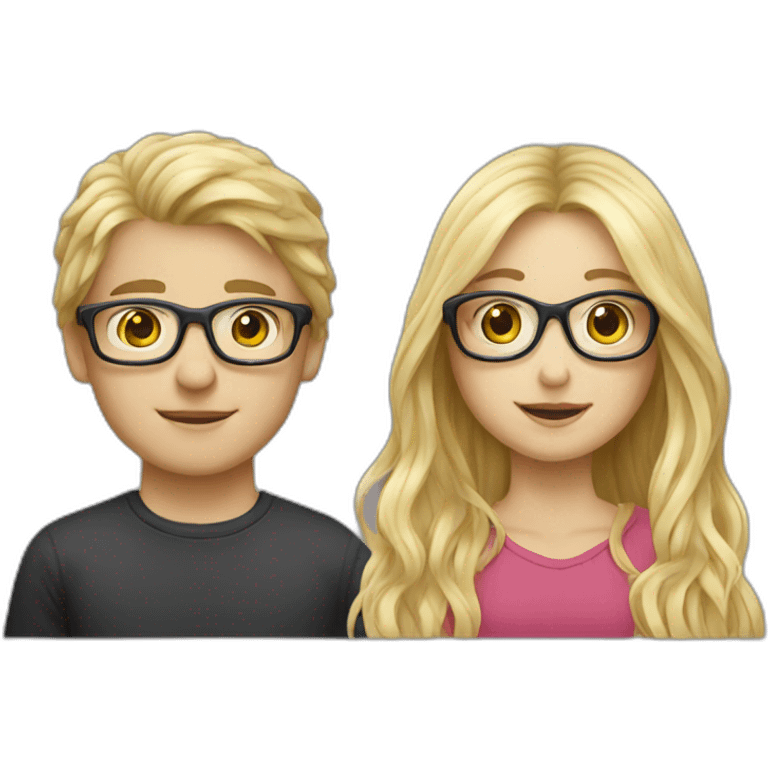 Blond long hair girl with blond boy with glasses, love emoji