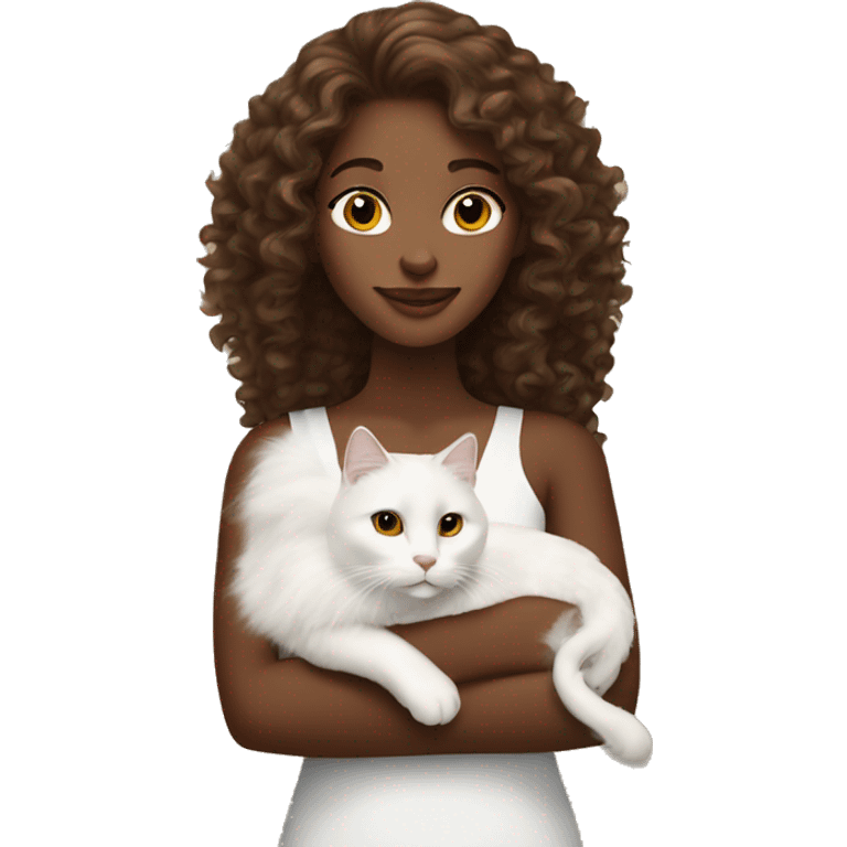 long curly haired brown skinned lady holding white cat  emoji