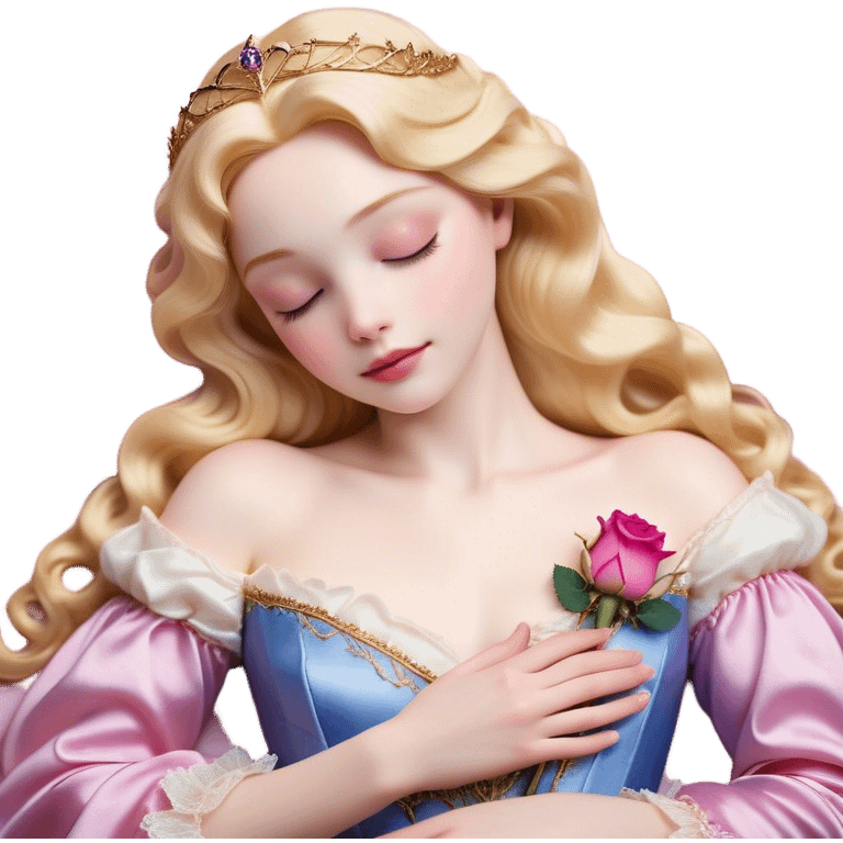 Cinematic Realistic Sleeping Beauty (Aurora) Portrait, with porcelain-like skin featuring a natural rosy flush, illuminated by soft lighting that highlights the gentle contours of her face. Her golden blonde hair flows in soft, detailed waves with subtle highlights that shimmer in the light. Her deep violet-blue eyes radiate warmth and innocence, framed by arched brows and long lashes. With a soft, serene smile, she holds a delicate rose gently in one hand, her other hand resting lightly by her side. She is dressed in her classic pink gown, the fabric rich in texture with delicate folds that catch the light. A golden crown rests atop her head, gleaming with royal refinement. The portrait captures a soft, glowing aura, blending realism with an ethereal sense of beauty and timeless enchantment. emoji