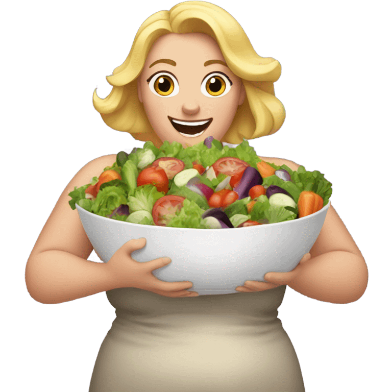 overweight blondie woman exciting with a salad emoji